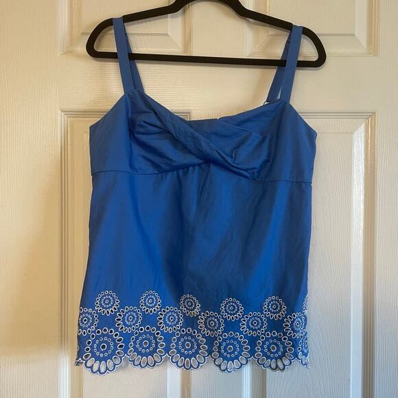 Ann Taylor Loft Top Womens Blue Blouse White Embroider Eyelet Circle Shirt Sz 10 - Picture 1 of 13